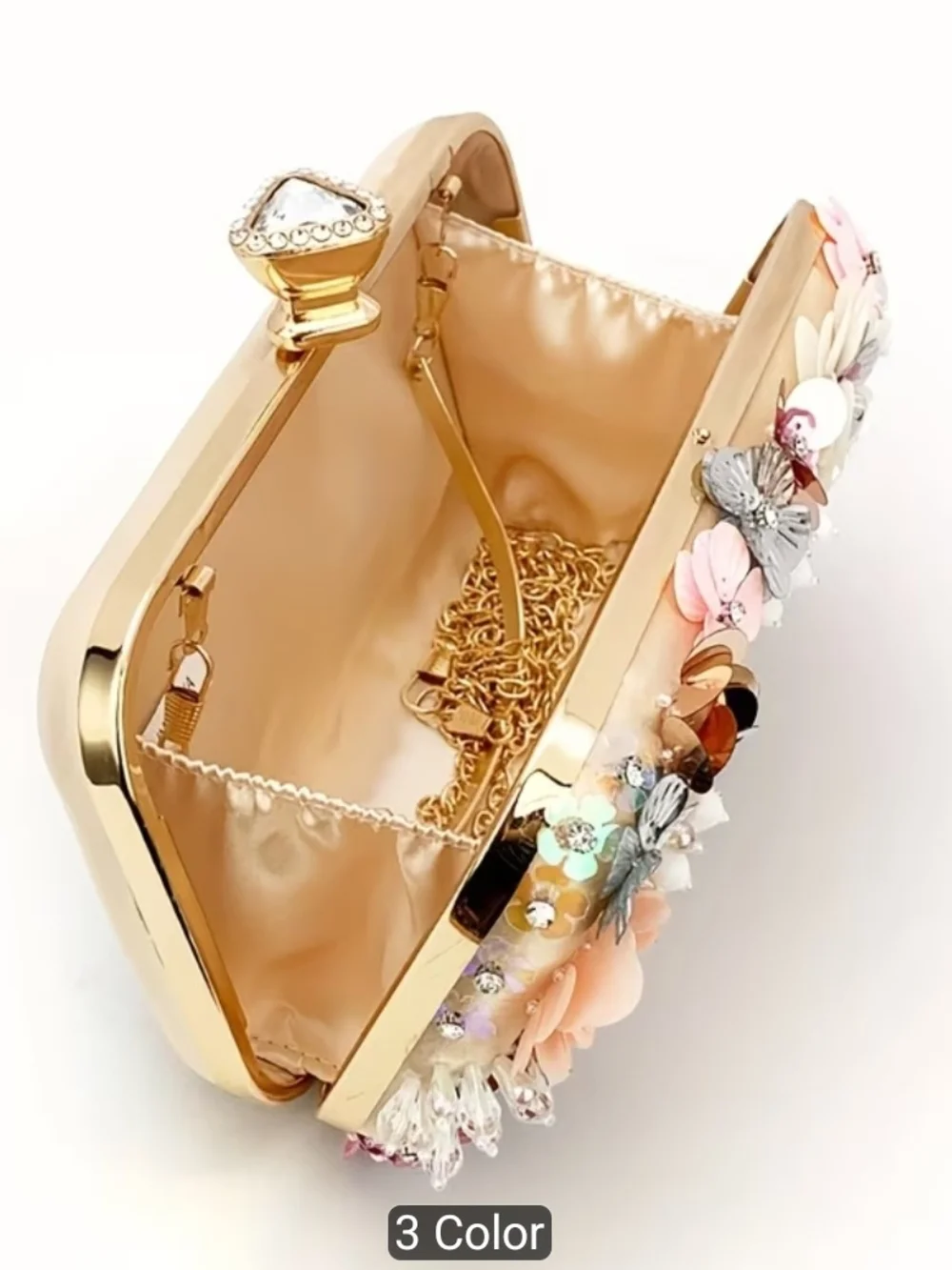 Embellished Floral Clutch Bag in Pink, White & Gold